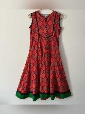 Westside Midi Dress Vibrant Red Green Bold Cotton Indian Inspired Mixed Print S